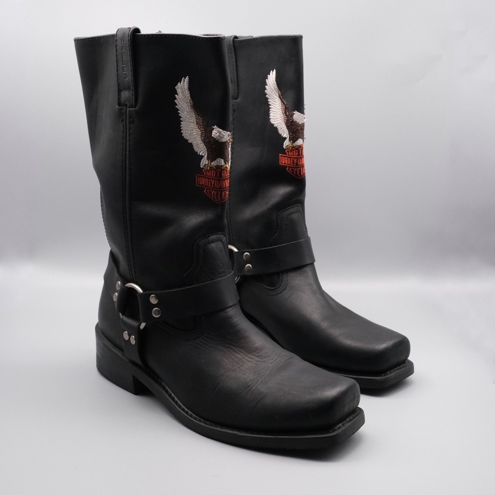 Harley Davidson Darren Harness Square Boots Men 12 Black Eagle Embroidered 91002